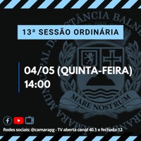 13° SESSÃO ORDINÁRIA OCORRERÁ NO DIA 04/05